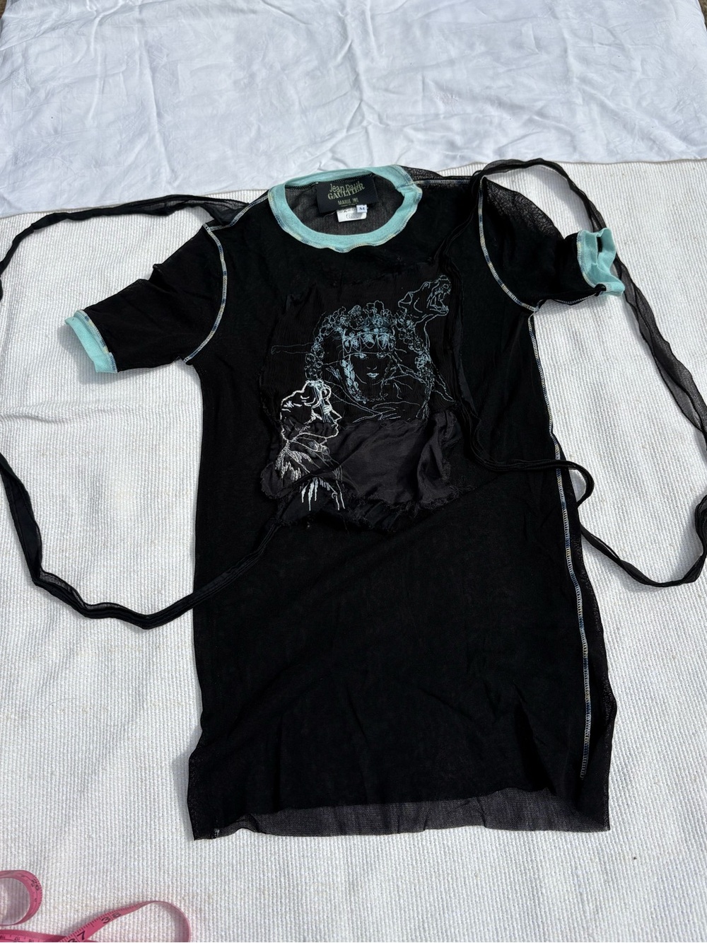 Jean Paul Gaultier Vintage Mesh Tee with Bondage Straps and embroidery Detail
